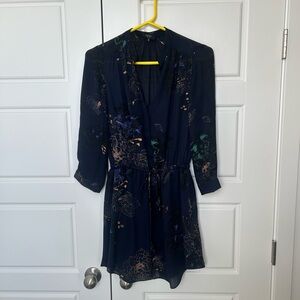 Babaton 100% silk Navy Floral Tie-Waist Mini Dress